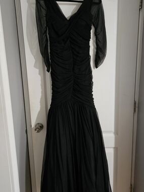 Zac Posen Black Ruched Mesh Long-Sleeve Gown